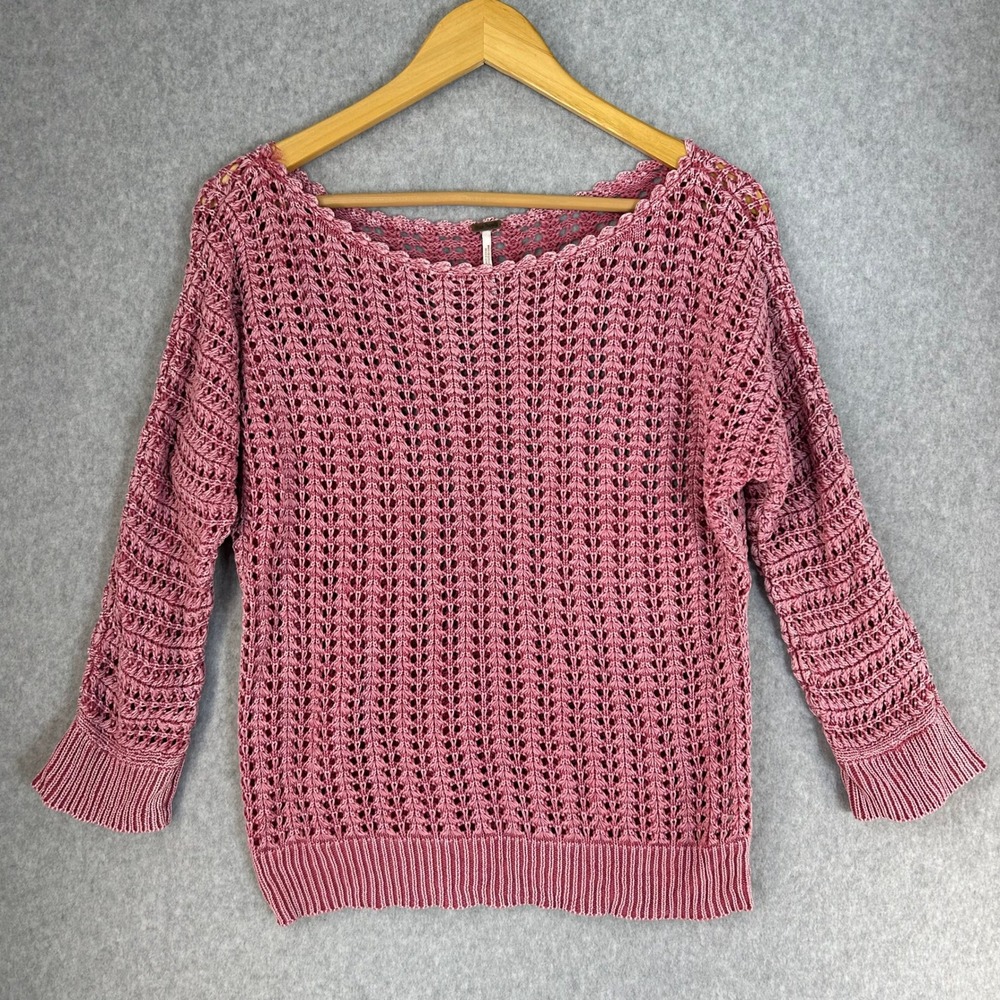 Free People Pink Open Knit Crochet Sweater Cotton Boat Neck Boho Pullover Medium